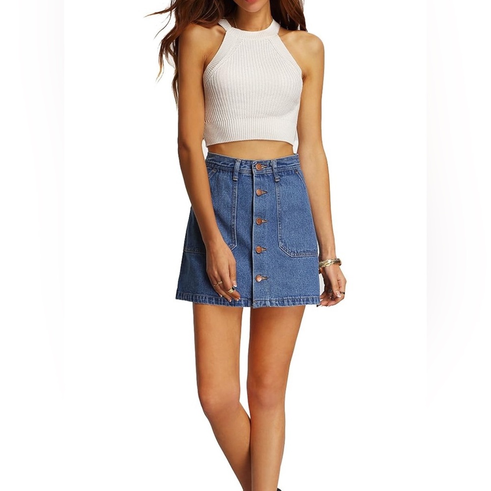 Button Front Denim A-Line Short Skirt in Blue Size Medium